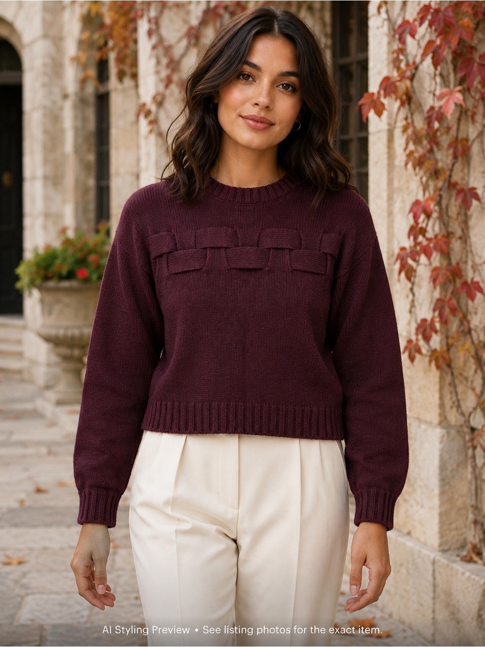 Palones Deep Plum Woven Detail Knit Sweater Women’s M/L